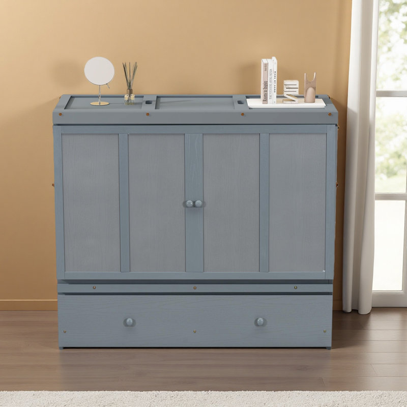 Lit escamotable avec port USB et grand tiroir, Gris, Lit double