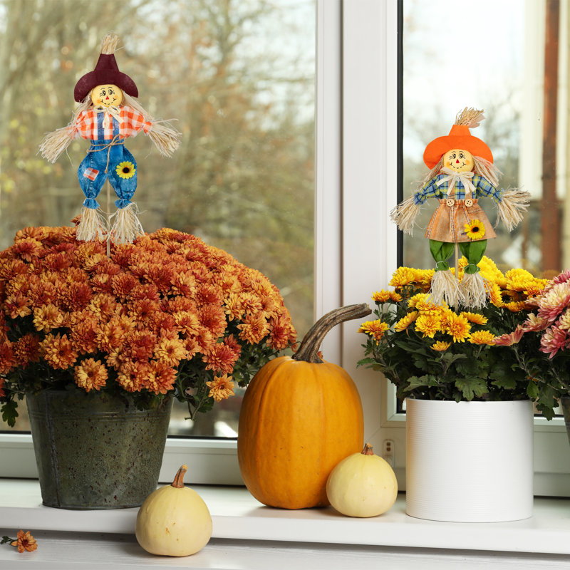 18" Boy and Girl Fall Harvest Scarecrow Picks in Orange and Blue