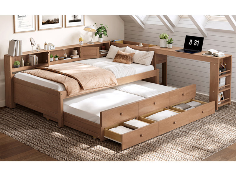 Tarazon L-Shaped Twin Daybed With Trundle, Integrated Desk And Storage Shelves, Durable Wood, Twin, Brown