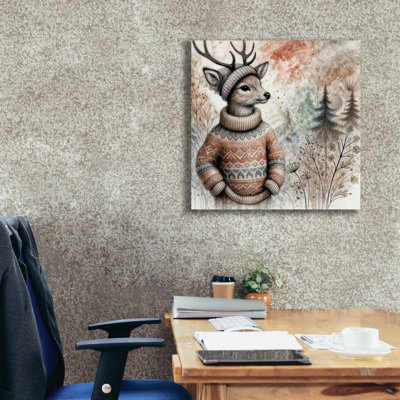  «Deer In Cozy Sweater» par Rey Klimt, art mural sur toile, 18 po x 18 po