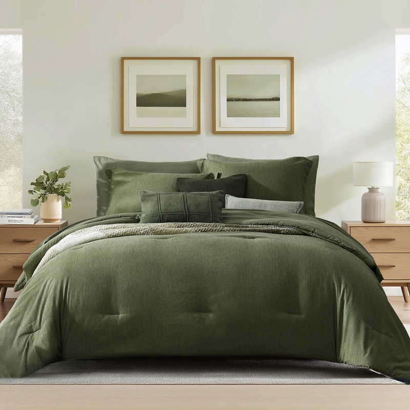 Cationic Comforter Set 7PC, Queen Comforter + 6 Additional Pieces, Olive Green