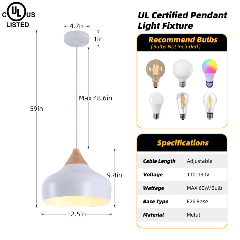 12.6" White Metal Cone Pendant Light with Solid Wood Finial and White Ceiling Canopy, cULus Certified for Dining Rooms, Kitchen Islands, Living Rooms, Entryways or Café Ambient Lighting