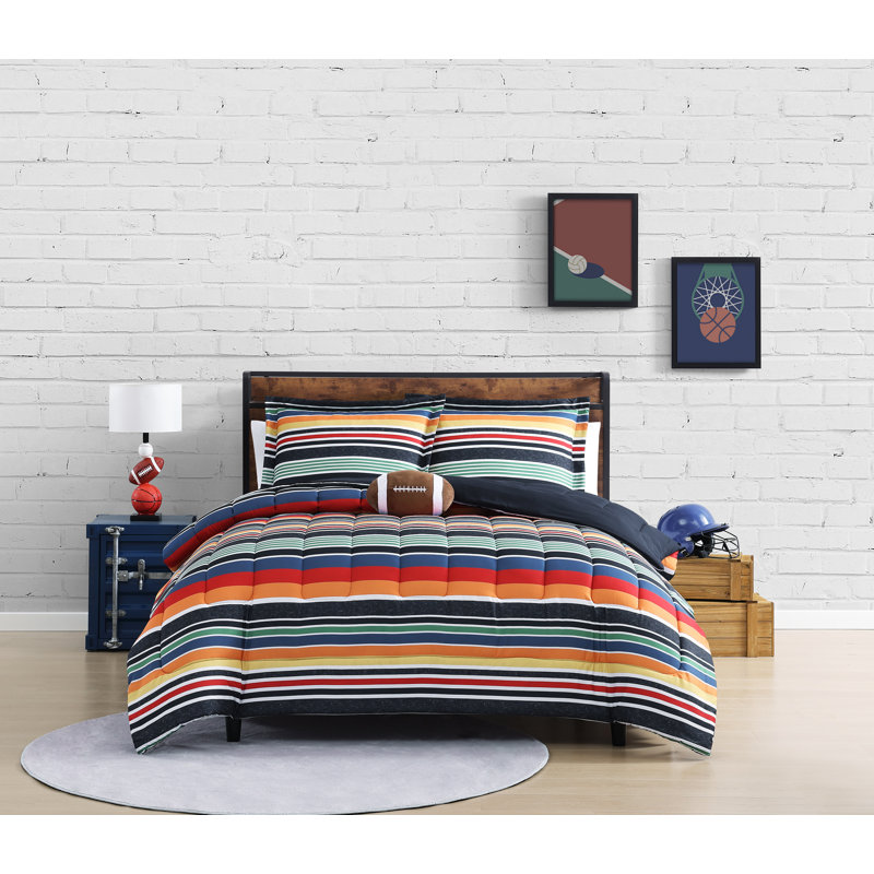 Ensemble d'édredon en microfibre à rayures multicolores ALEX + BELLA, Édredon double + 2 taies décoratives standard +