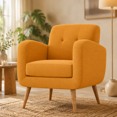 Accent Chair in Yellow Linen with Natural Solid Wood Legs