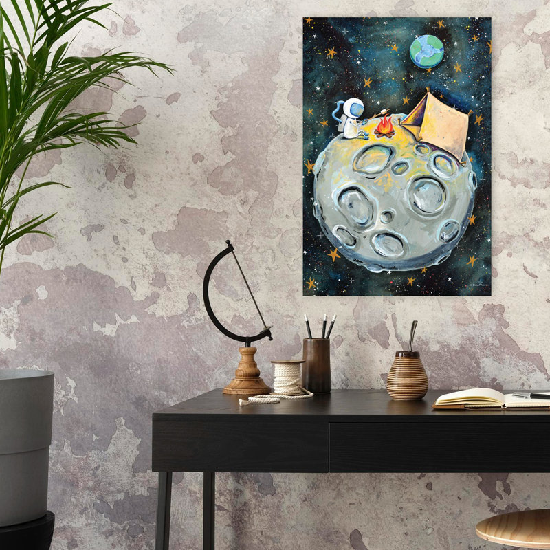 Camping astronaute fantaisiste, art contemporain abstrait, H 24 po x l 16 po