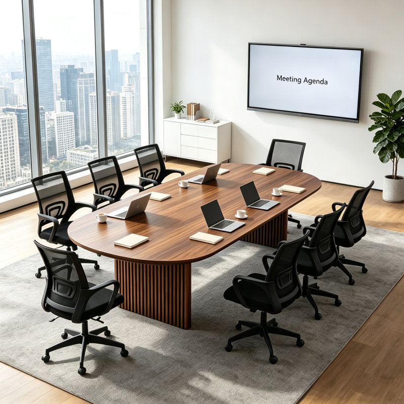 Ensemble de table de conférence ovale moderne en bois massif noyer, comprenant 8 chaises de bureau ergonomiques en filet avec roulettes