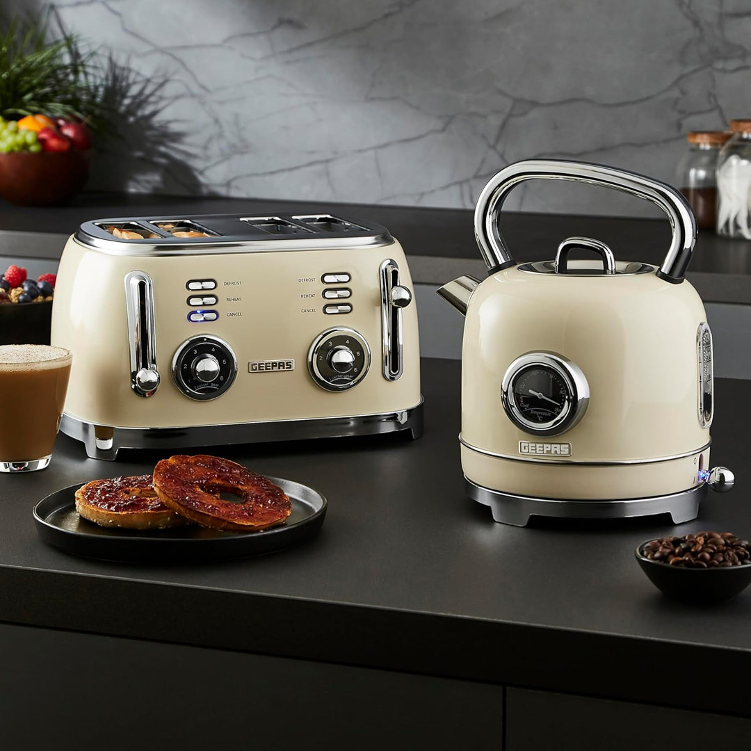 GEEPAS Retrovive 1.8L Electric Kettle, 4 Slice Bread Toaster & 20 Litre 700W Digital Freestanding Microwave Oven Kitchen Combo Set | 3000W Vintage Cor