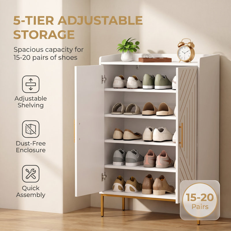 Meuble à chaussures avec détails dorés, capacité de 15 à 20 paires, 5 tablettes réglables, blanc, 76 cm de large