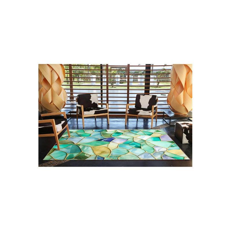 Creative Woven Based Washable Carpet In Green Tones, Rectangle 3'4" x 5'