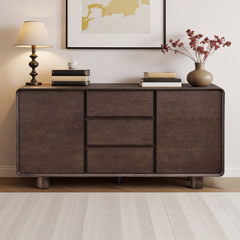 Buffet moderne en bois massif de 63 po avec 3 tiroirs et tablettes réglables Harrison