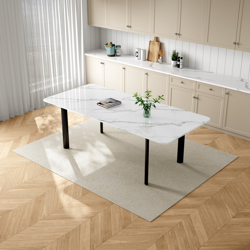 78,7 po Table de salle à manger rectangulaire blanche extensible moderne pour 6 à 8 personnes avec pieds en métal noir