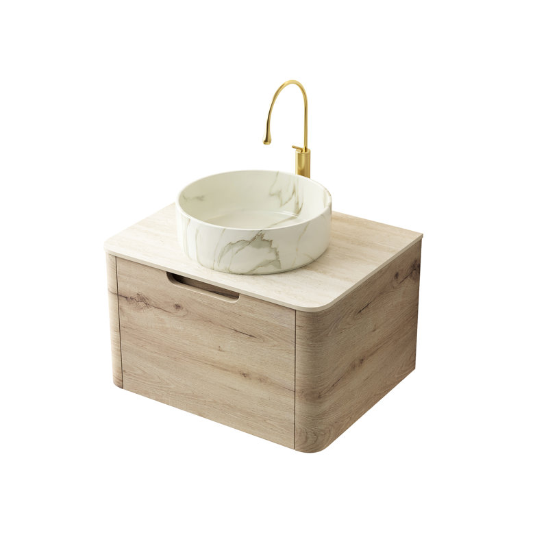 Meuble-lavabo flottant avec vasque en céramique blanche matte de haute qualité, comptoir en pierre frittée à motif, armoire de rangement en contreplaqué, tiroir à fermeture silencieuse silencieuse, couleur chêne, pré-assemblé pour plus de facilité