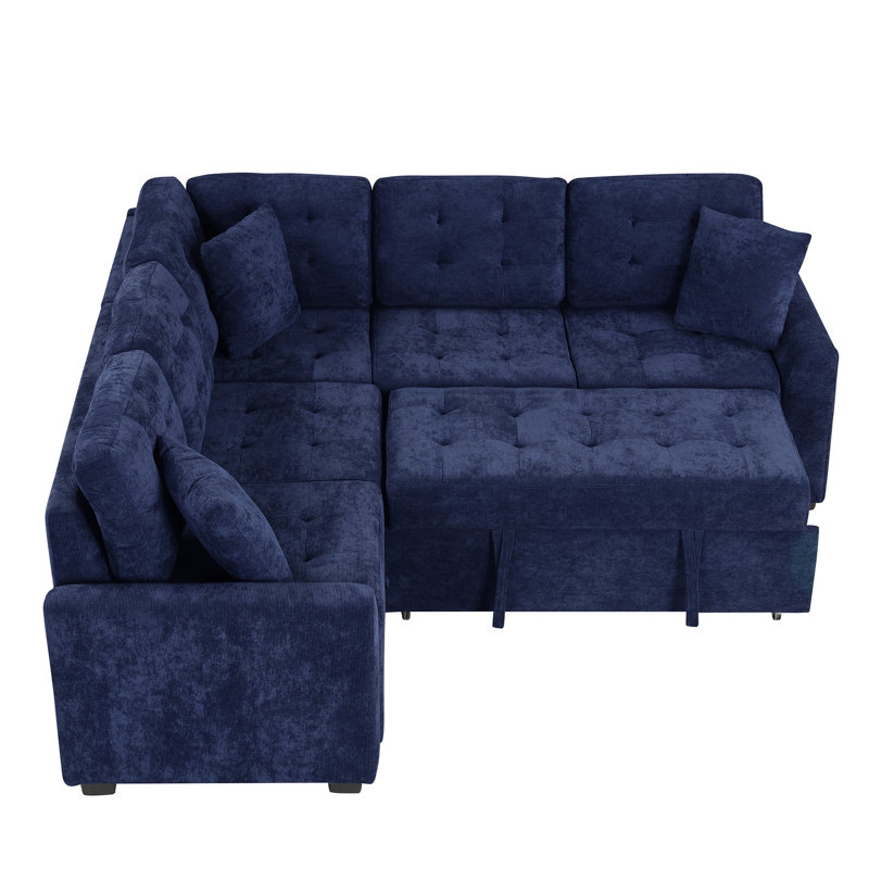 82.6" L-Shape Sofa Bed Pull-Out Sleeper Sofa With Wheels, Navy Blue Velvet