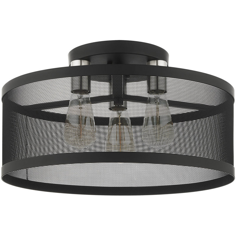3 Semi Light Flush mount ceiling light fixture & Stainless Mesh Shade, Black/Brushed Nickel