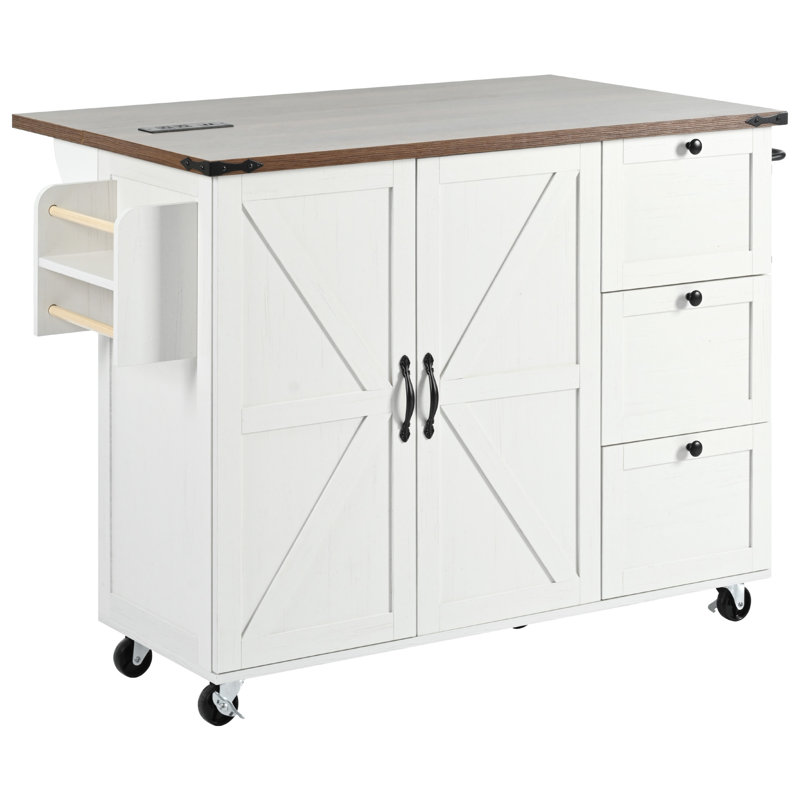 54.5" Farmhouse Kitchen Island With Storage Rack, Drop Leaf, Spice Rack, Rolling Cart & Power Outlet, White, White