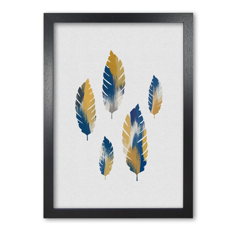 Leaves Blue & Yellow - Print, Black Grain Frame, 85 cm H x 60 cm W x 5 cm D