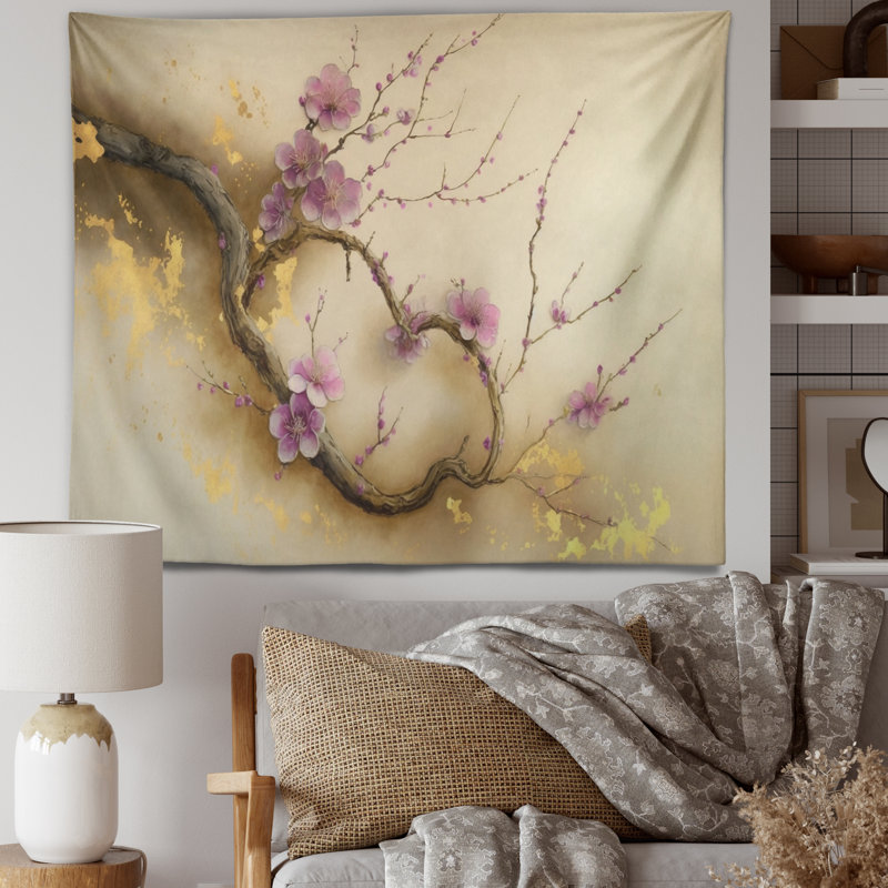 Tapisserie en polyester rose et prune cerisier en fleurs avec des punaises, H 32 po x l 39 po