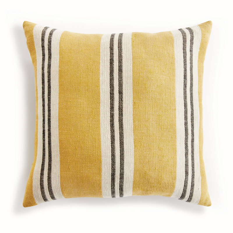 Finn Linen Throw Square Pillow Cover & Insert, Square 24" x 24", Ochre/Charcoal Striped 1