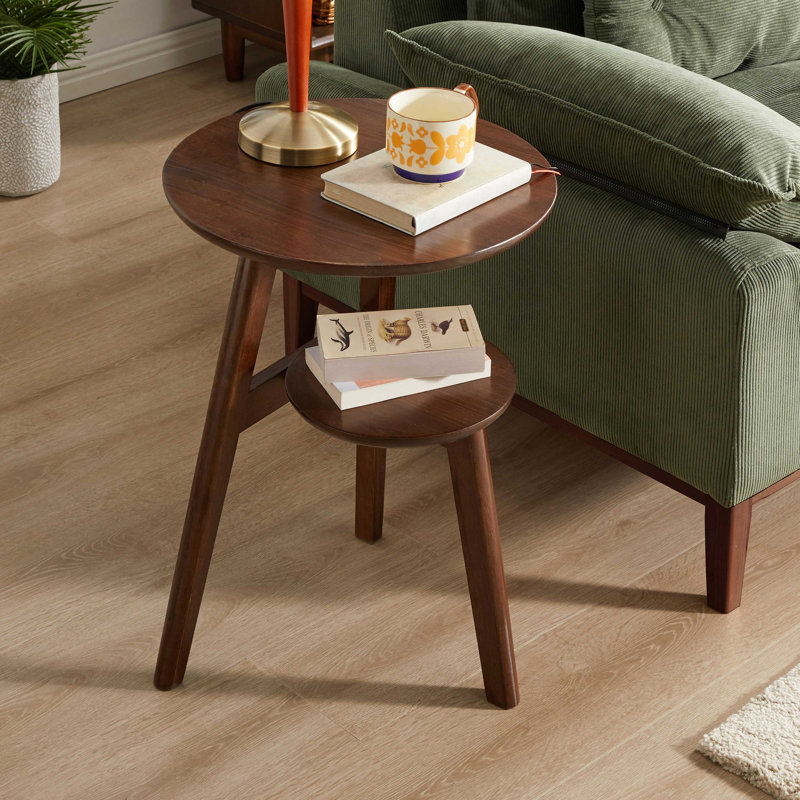 Table d'appoint 100% bois massif à 2 niveaux Table d'appoint de salon, table de chevet, table de bout ronde en bois massif, petite table d'appoint à 2 niveaux avec tablette de rangement inférieure