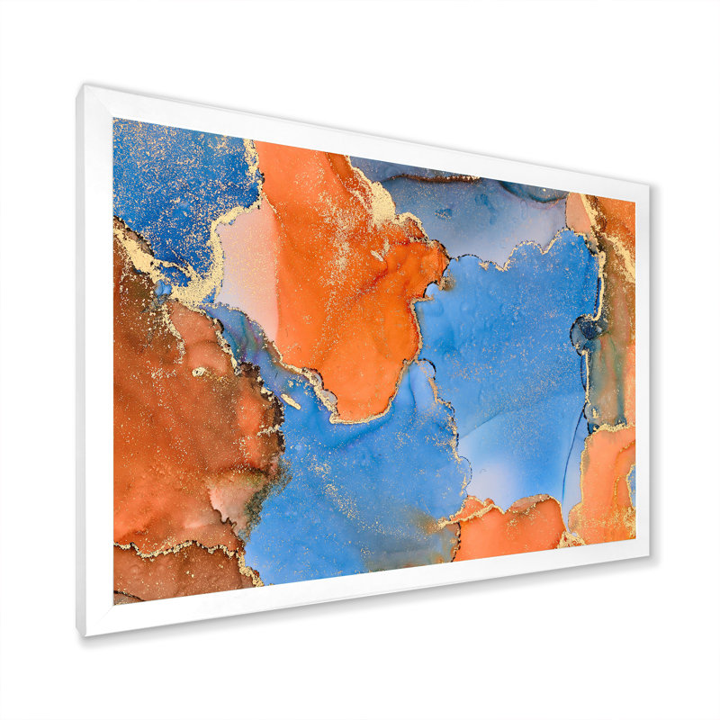 Bleu et brun, luxe abstrait, fluide X III - Peinture sur toile, H 12 po x l 20 po, Cadre de coin blanc fermé