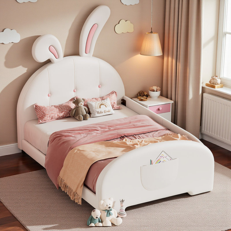 Lit princesse rembourré en forme de lapin, lit plateforme, Lit simple, Blanc / rose