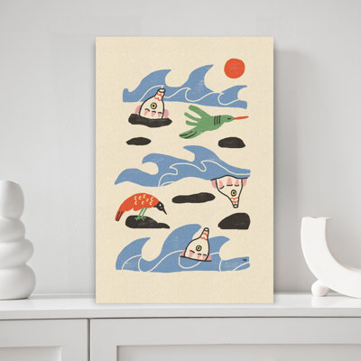 Whimsical Ocean Creatures Abstract Whimsical Contemporary Bird Whale Coastal Nature Wall Art Print 1 Piece Wrapped Canvas Wall Art