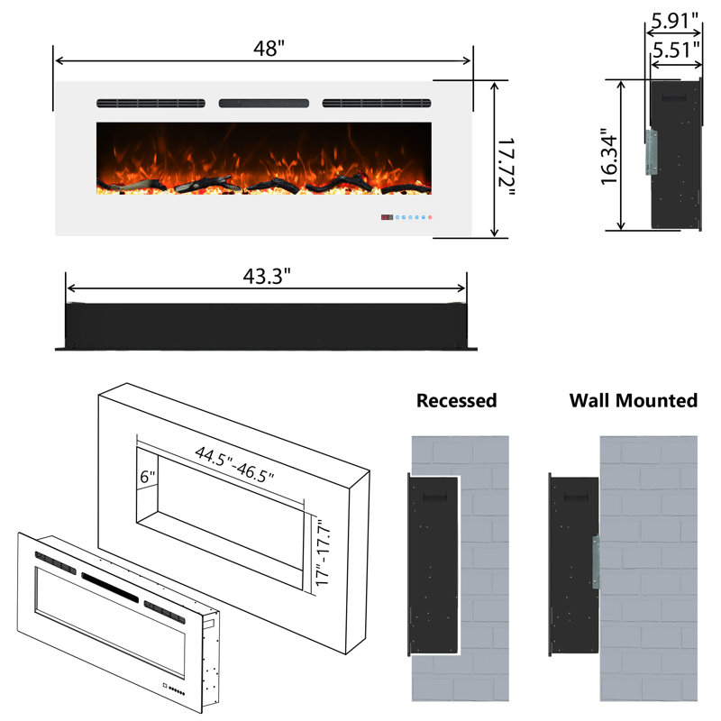 Ballari Electric Fireplace Insert with 5120 BTU, 17.7" H x 48" W x 5.9" D, White