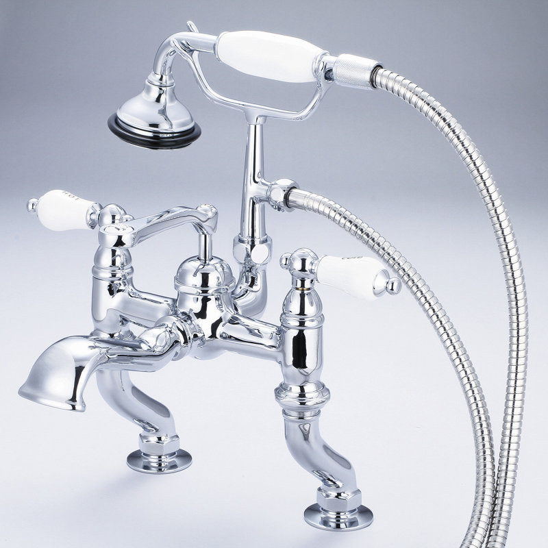 Stonington Deck Tub Spout, Hot and Cold Labeled Porcelain Lever Handles, Hand Polished, Richly Triple Plated Chrome Finish