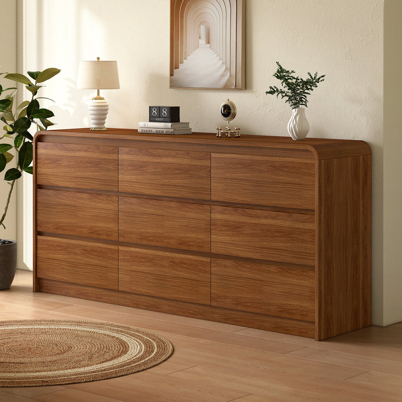 9 Drawer Dresser For Bedroom 63 Inch Wood Chest of Drawers - Curved Anti Collision, Mid Century Dresser For Closet with Natural Texture & Pre-Embedded Slots for TV Stand, Living Room, Nursery