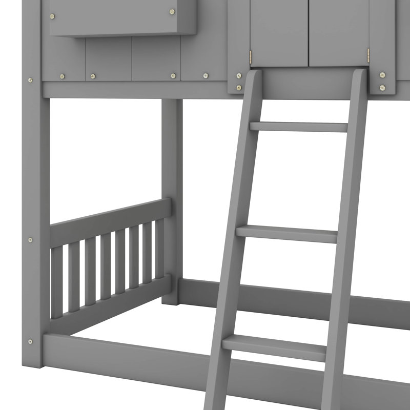 Twin-Over-Twin House-Themed Bunk Bed Complete With Roof, Window, Window Box, Door, Safety Rails, And Ladder, Gray