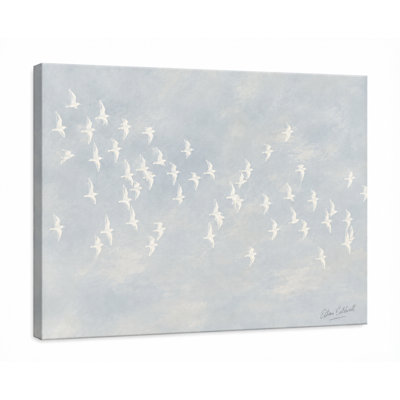 White Birds in Flight Canvas Wall Art, Soft Blue Gray Coastal Bird Painting, Bayland Wrapped Canvas Decor