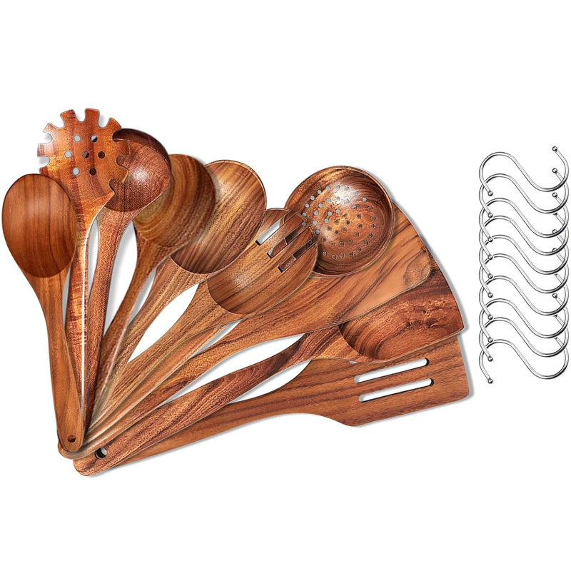 Ensemble d'ustensiles de cuisine 10 pièces, ensemble d'ustensiles de cuisine en bois avec crochets