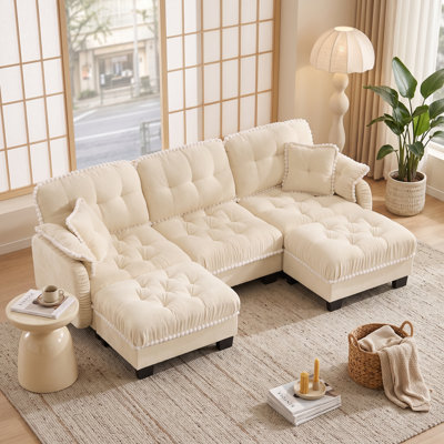 Canapé 3 places Cloud en chenille beige crème avec 2 poufs amovibles, coussins capitonnés et finis à pompons