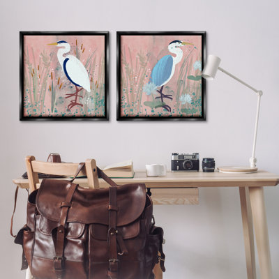 «Blue Heron Egret Cattail Marsh», ensemble de 2 toiles flottantes encadrées par Juliet Rose Philips