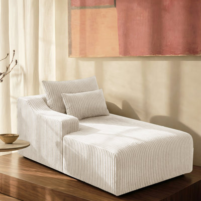 Modern Corduroy Compression Chaise Lounge, Comfortable Upholstered Chaise with Pillows for Living Room Bedroom Beige Right Chaise