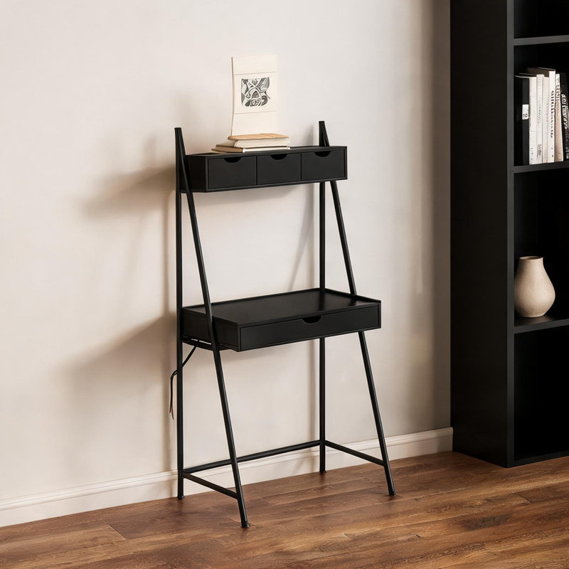 Bureau d'ordinateur incliné pour petits bureaux à domicile, plateau en stratifié noir sur structure en acier, poste de travail de 81 cm avec tiroir de rangement