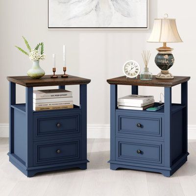  Table de chevet 18 po avec station de charge, commode à 2 tiroirs et table de bout avec tablette ouverte, table d'appoint en bois pour la chambre à coucher et le salon