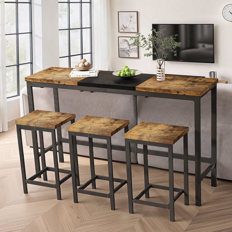 Table de salle à manger de cuisine moderne avec une ambiance de pub, ensemble de table à manger longue comprenant 3 tabourets, parfaite pour les réunions de famille et les réceptions