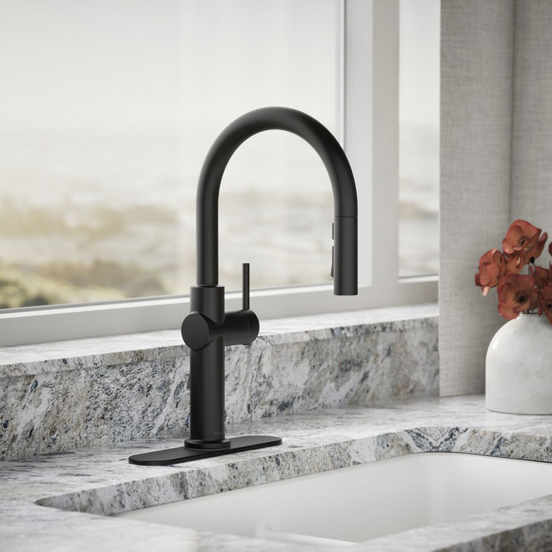 Kohler Crue Single Handle Pull Down Kitchen Faucet with Three-Function Pull Down Sprayer, Matte Black