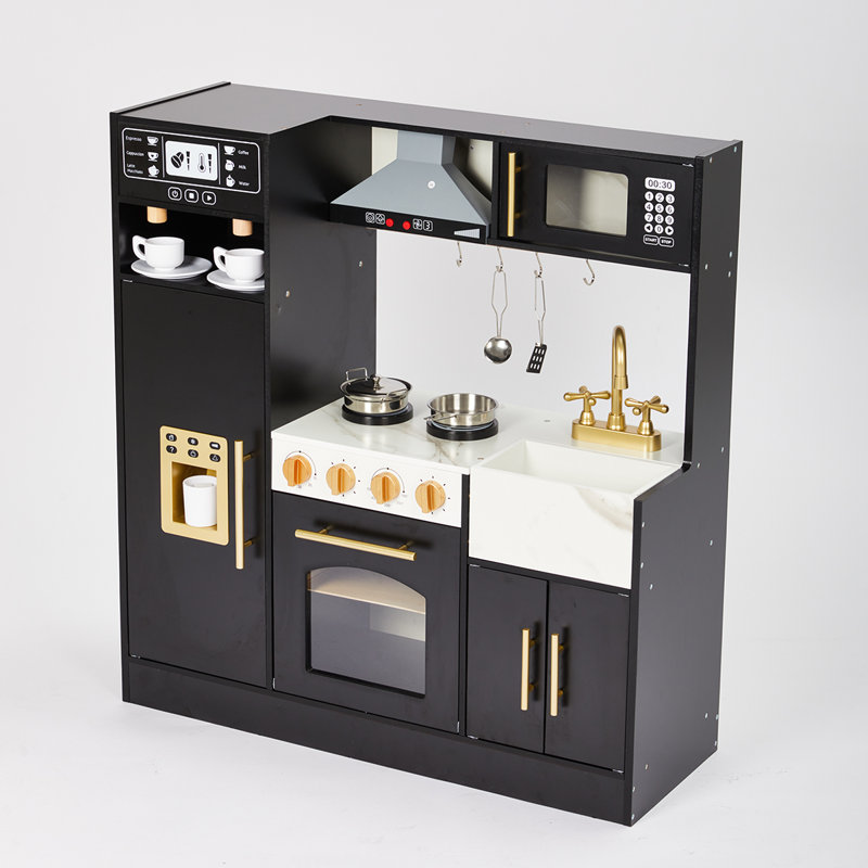 Kids Wooden Play Kitchen Set With Lights, Sounds, Ice Maker, Coffee Machine And Storage, Large Pretend Cooking Kitchen For Toddlers And Children