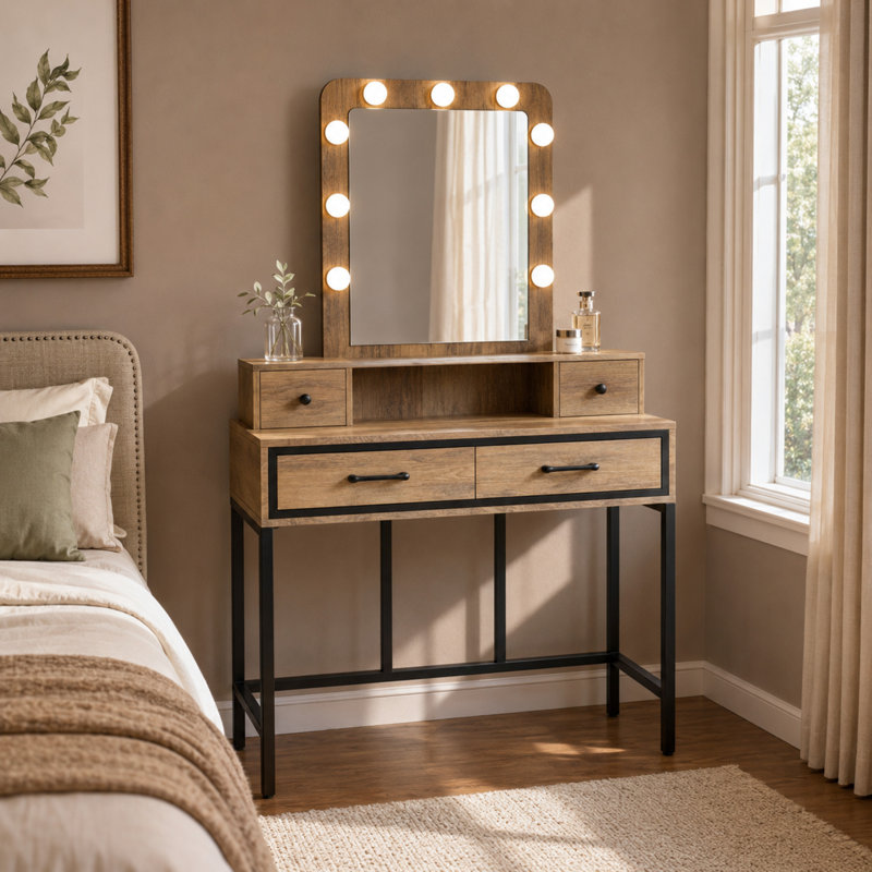 Bureau de coiffeuse 39,37 "avec miroir lumineux et 4 tiroirs, Brown