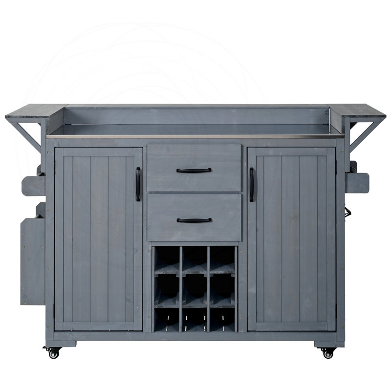 Îlot de cuisine l 60,2 po avec roulettes, plateau en acier inoxydable et rangement, Gris