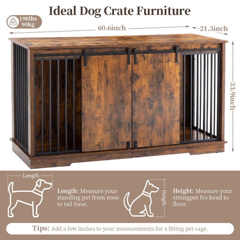 Large Dog Crate Furniture with Removable Divider for 2 Dogs, Wooden TV Stand, Double Crate Pet Cage with Barn Doors, Heavy Duty Steel Dog Kennel