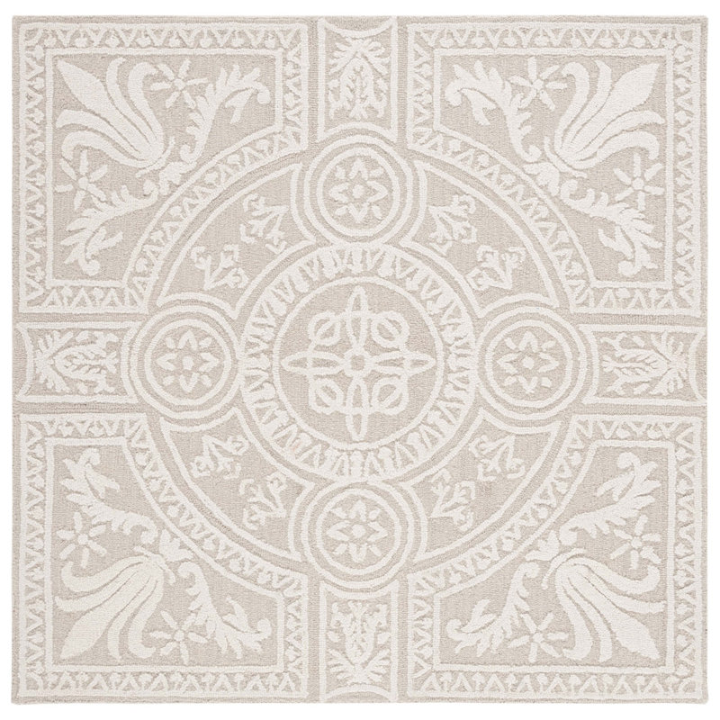 Ferrera Floral Handmade Tufted Wool Light Gray/Ivory Area Rug, Square 6'