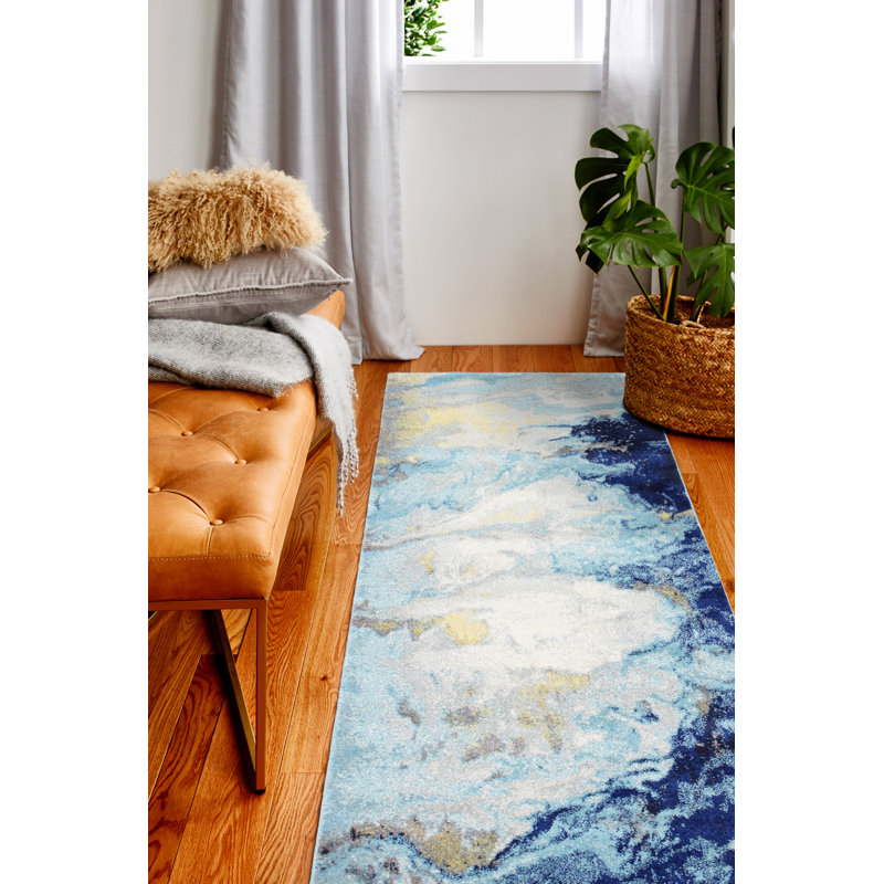 Tapis à motif abstrait bleu Coughlin, Tapis de couloir de 2 pi 6 po x 8 pi