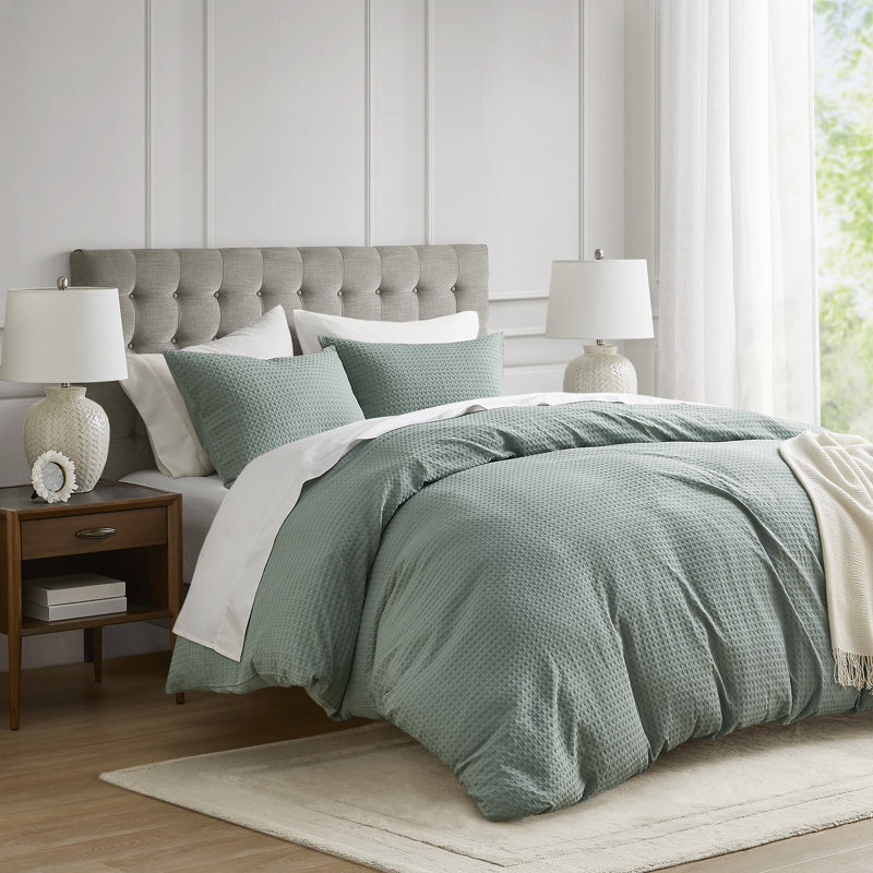 Mina Waffle Weave Textured Cozy Duvet Cover Set, Full/ Queen Duvet Cover + 2 Standard Shams, Sage Green