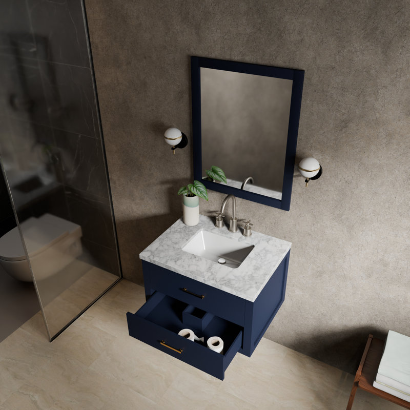 Meuble-lavabo simple l 30 po x P 22 po Castor, Bleu, Marbre de Carrare blanc