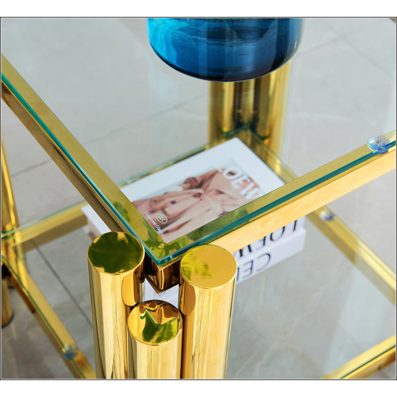 Double-Layer Clear Tempered Glass Table Top Set Of 2, Clear/Gold