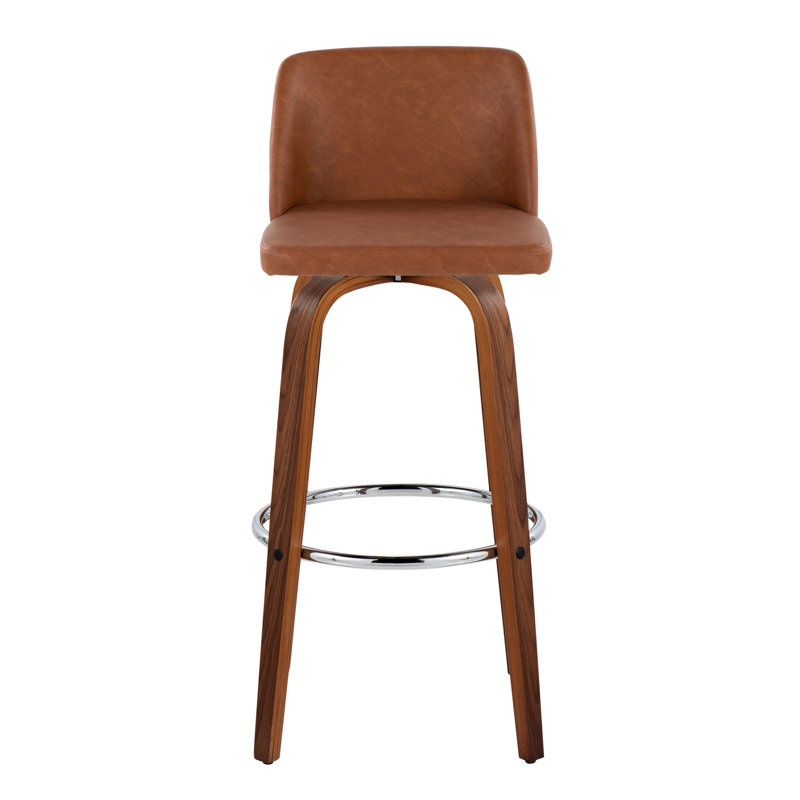 Thea 30" Fixed-Height Bar Stools with Bent Wood Legs & Round Footrest, Walnut/Chrome, Camel, Bar Stool (29.5" Seat Height)