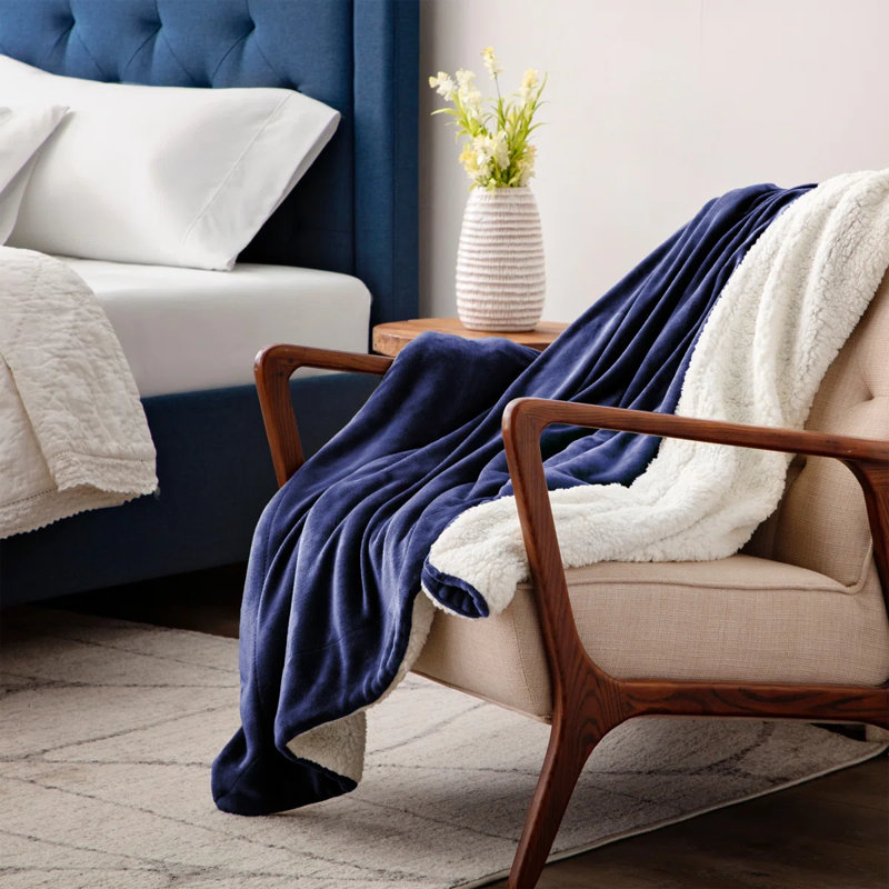 Reversible Soft Sherpa Fleece Fur Thick Dual Sided Blanket Throw, 150cm x 200cm, Blue